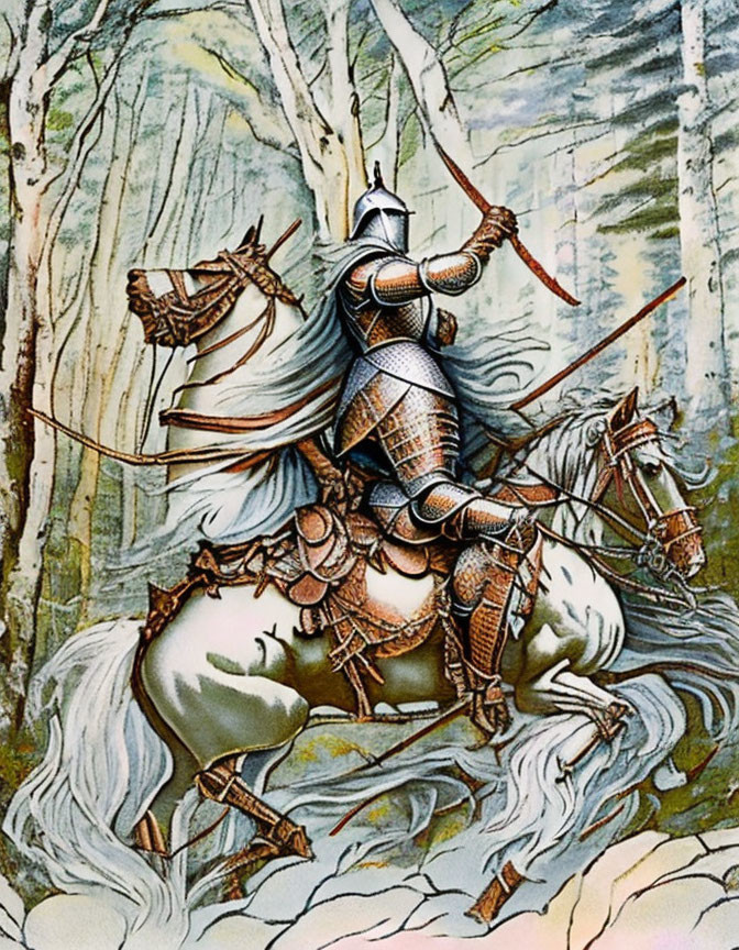 Armored knight on white horse brandishing sword in forest