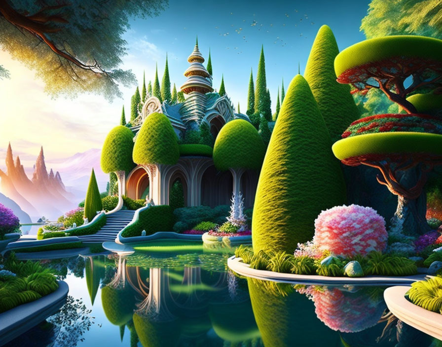 Fantasy landscape with vibrant topiary, whimsical castle, and colorful flora