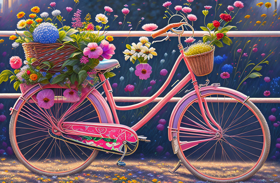 Colorful Pink Bicycle with Flower Baskets in Twilight Floral Setting