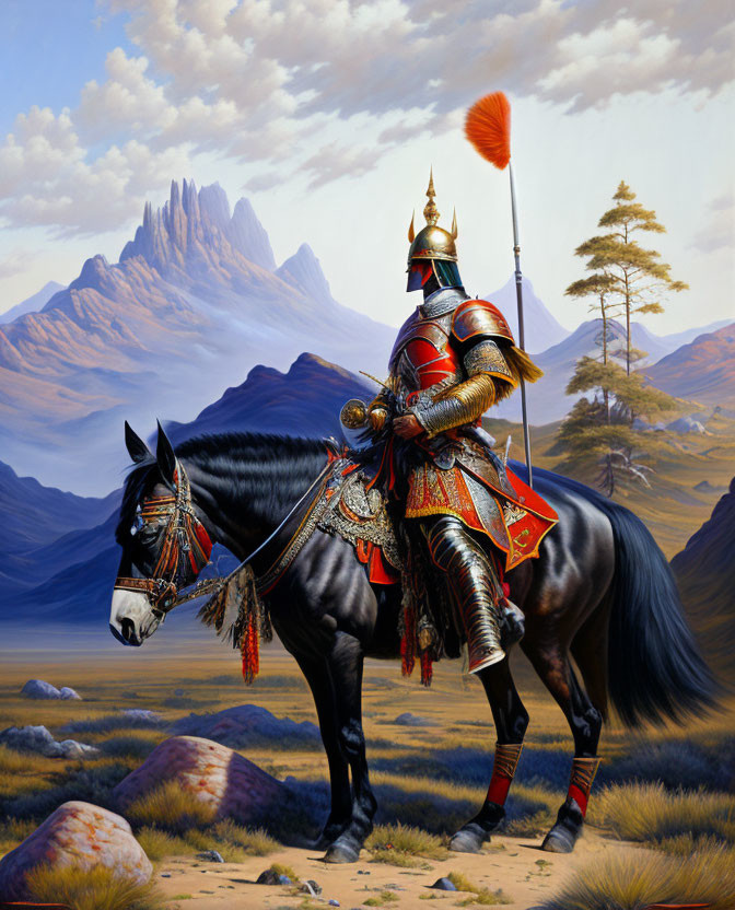 Medieval knight in full armor on decorated horse in mountainous landscape