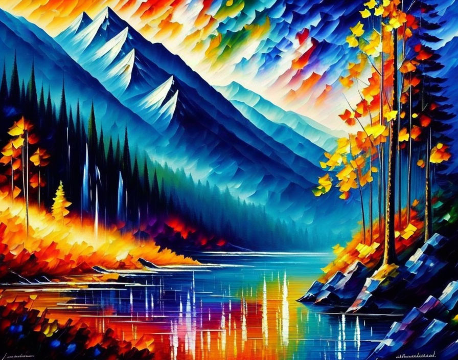 Colorful Mountain Landscape with Water Reflection and Stylistic Brushstrokes