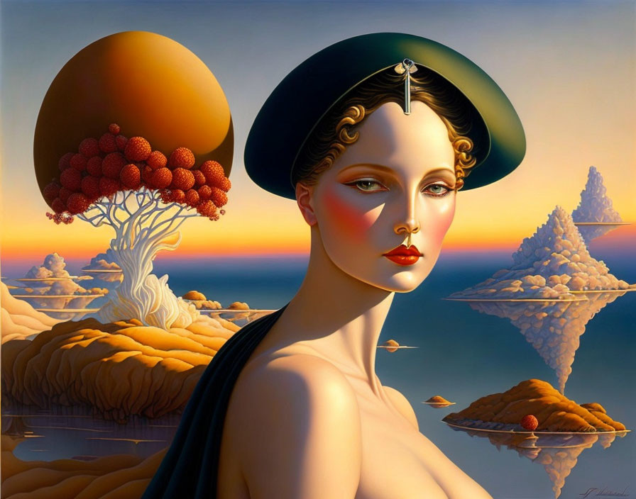 Surreal painting of woman with serene expression and stylized nature elements