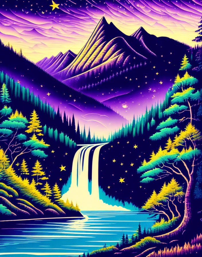 Neon-colored mountain landscape with waterfall & starry sky