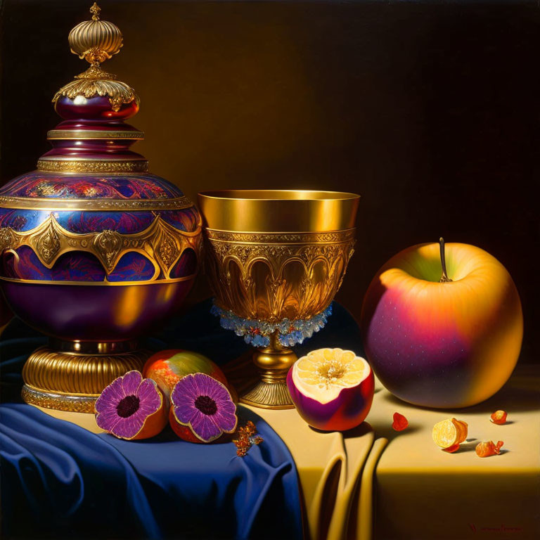 Richly Decorated Still Life Painting with Urn, Goblet, Apple, Fruits,