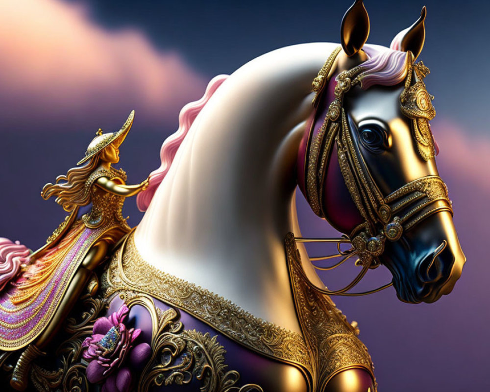 Majestic horse with gold tack and pink mane against gradient sky