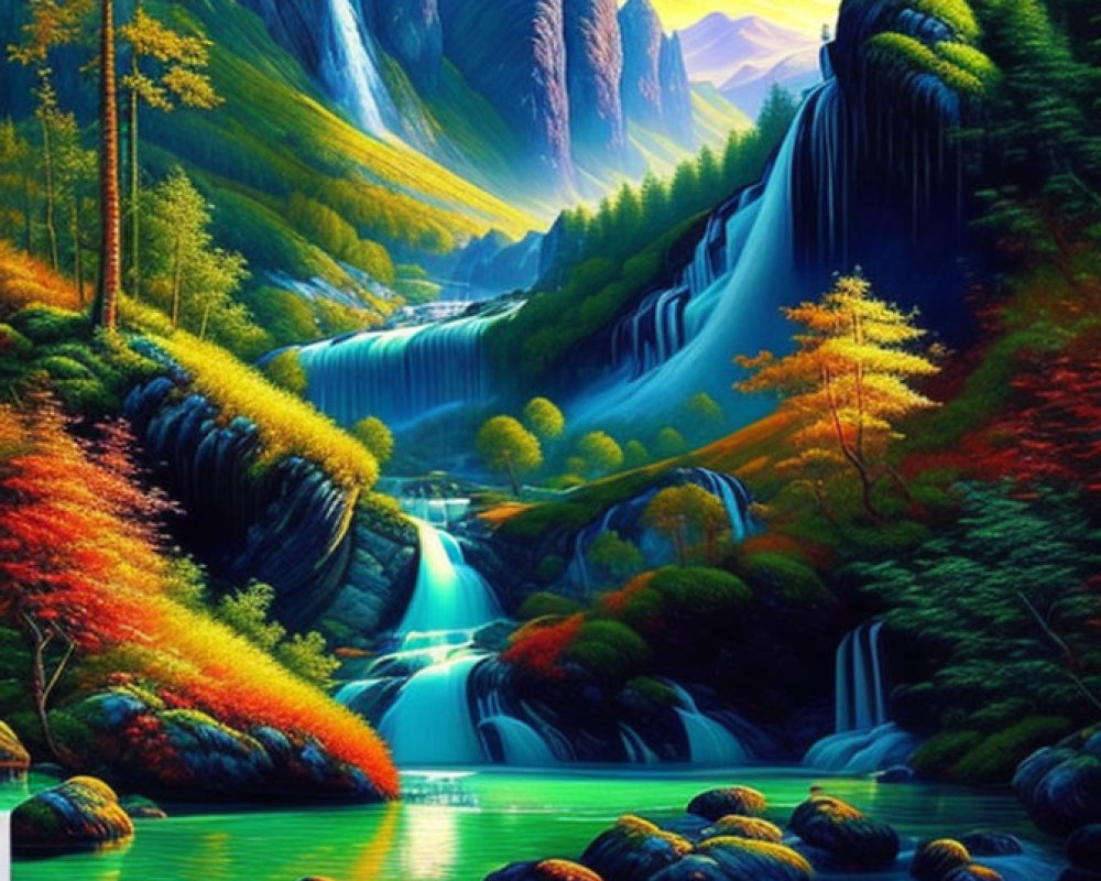 Scenic landscape painting of cascading waterfall in autumn forest