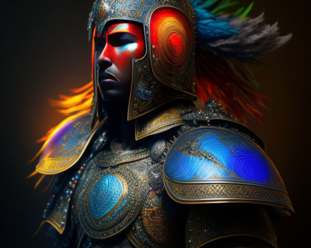 Ornate warrior in vibrant armor against dark background