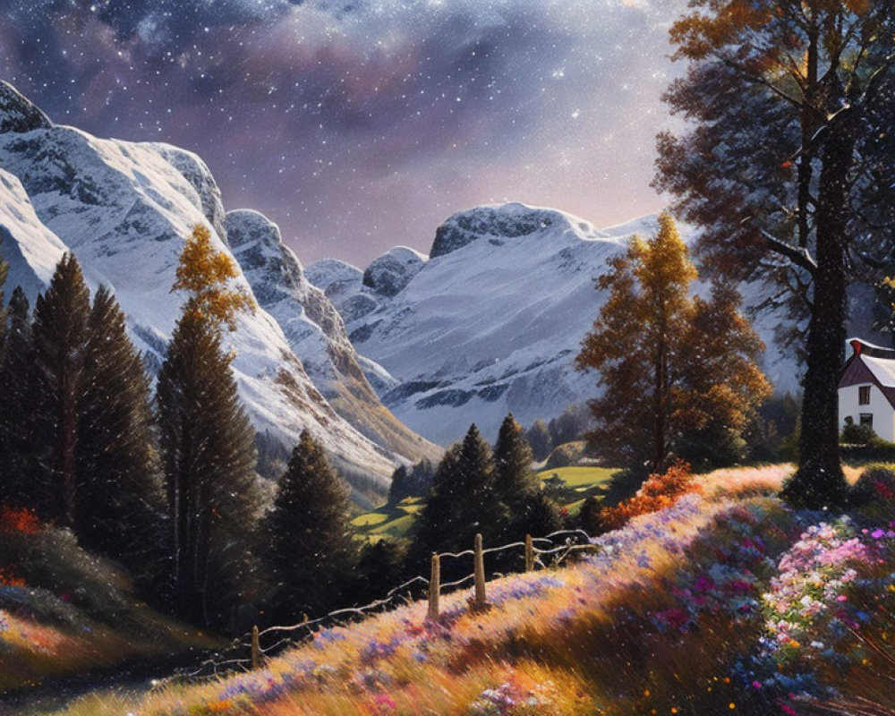 Scenic landscape with house, wildflowers, mountains, and starry sky