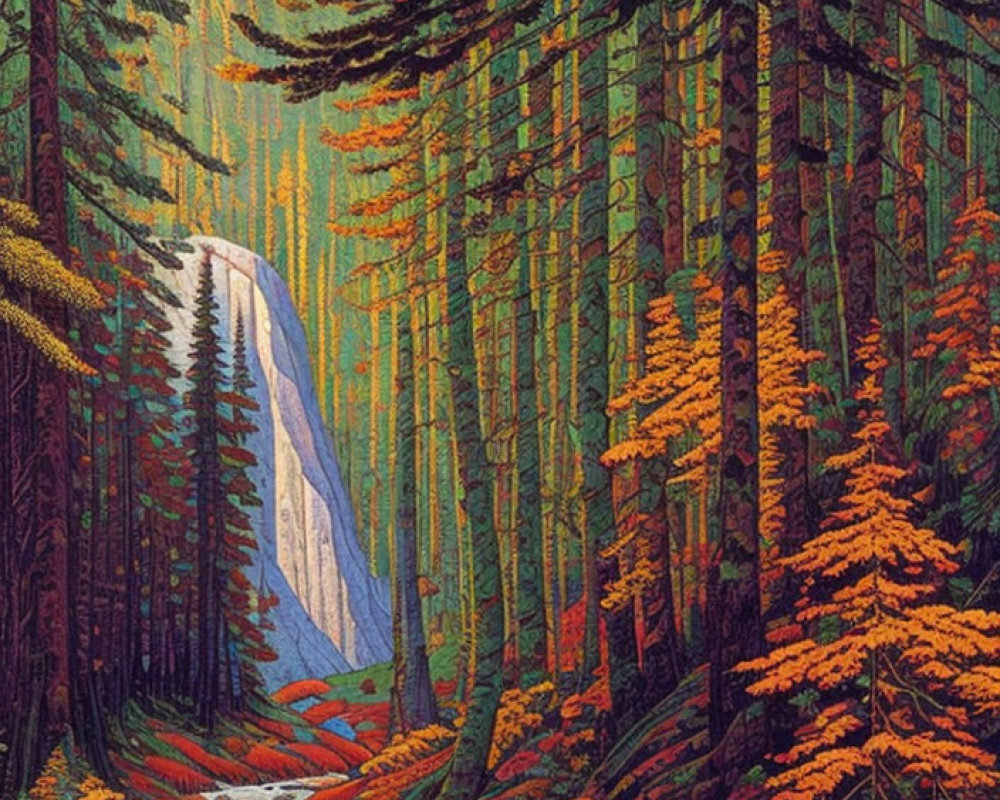Illustrated forest scene with tall green pines, autumn foliage, waterfall, and serene stream