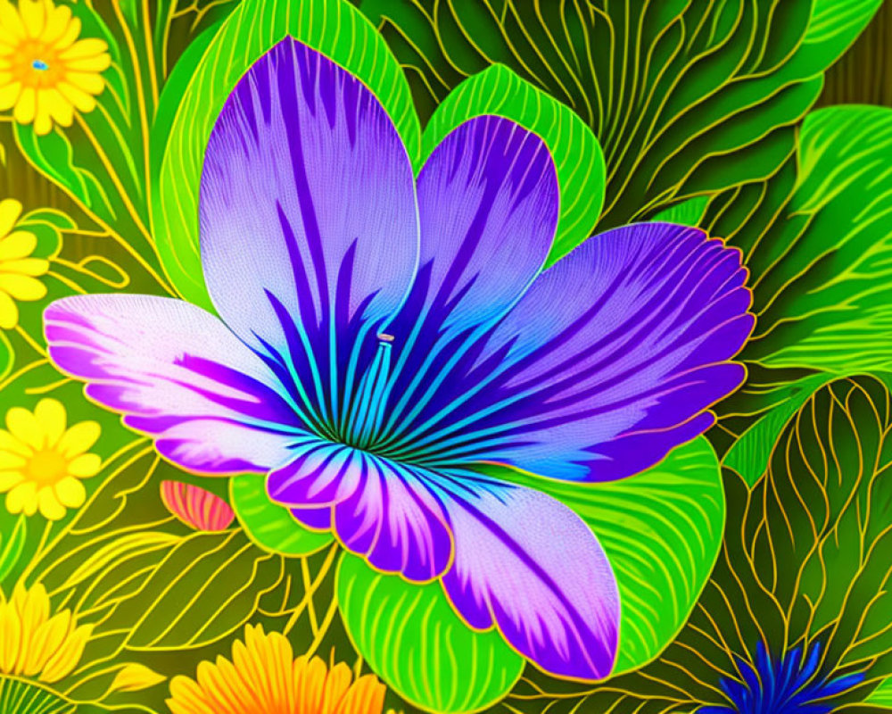 Colorful digital artwork: Purple and blue flower with intricate patterns on green and yellow background