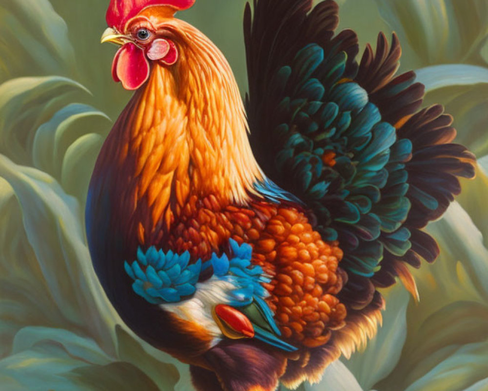 Colorful Rooster Painting with Red Comb in Lush Greenery