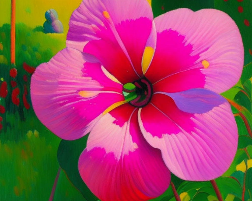 Colorful painting of pink flower in rural landscape