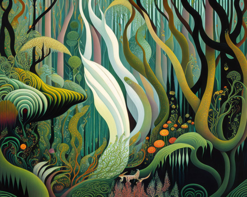 Detailed illustration of stylized forest with swirling trees and leopard-like creature