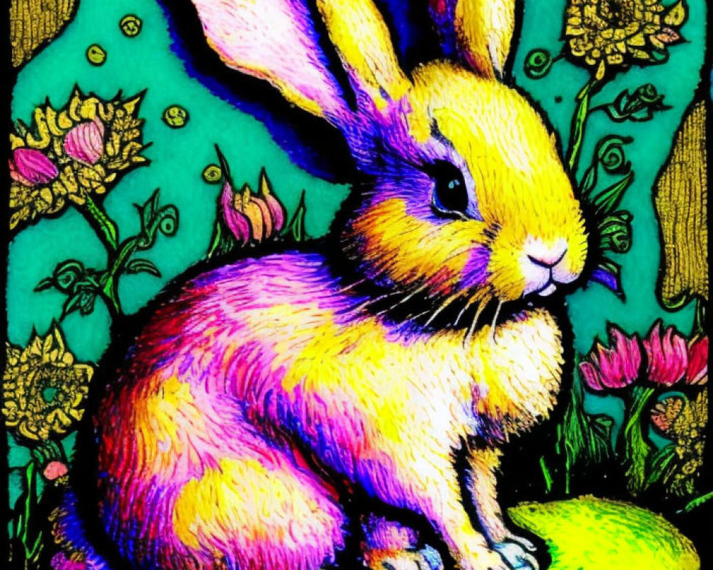 Colorful Rabbit Illustration with Pink and Yellow Hues on Green Surface Amid Flowers and Teal Background