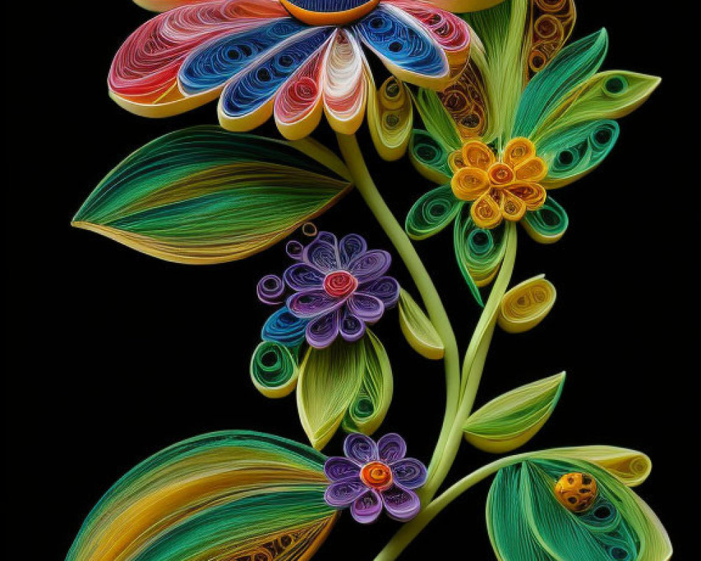 Colorful Quilled Paper Flower Bouquet on Black Background