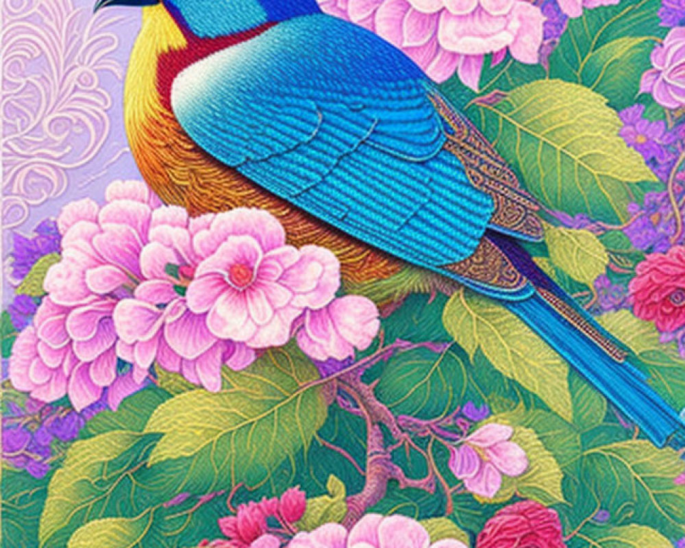 Colorful Bird Among Pink and Violet Flowers with Detailed Foliage
