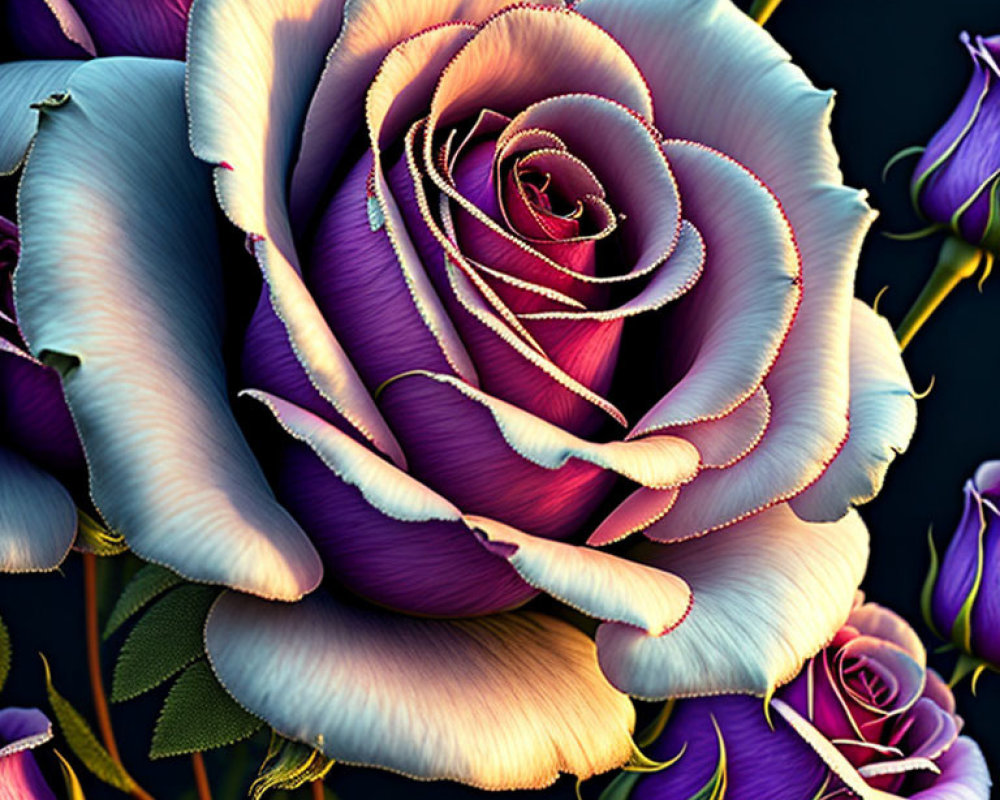 Close-up Digital Art: Vibrant Purple & White Rose with Gradient Effect & Textures on Dark Background