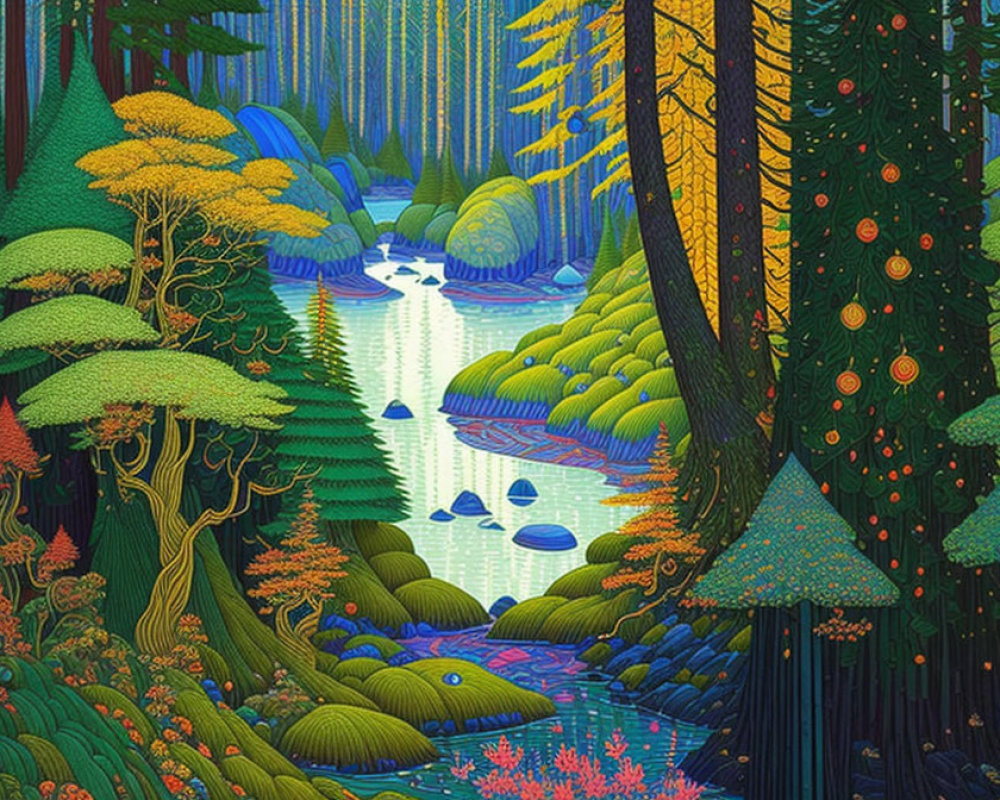 Surreal forest scene with diverse trees, river, and colorful foliage
