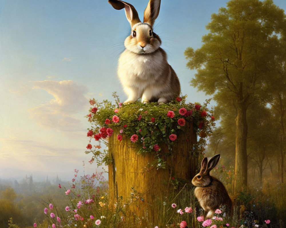 Two rabbits on stump with flowers in serene landscape