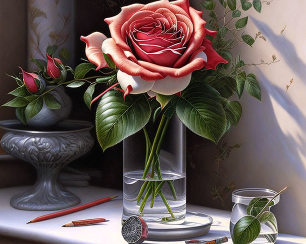 Hyper-realistic painting of blooming rose in glass vase with art supplies and coin on table