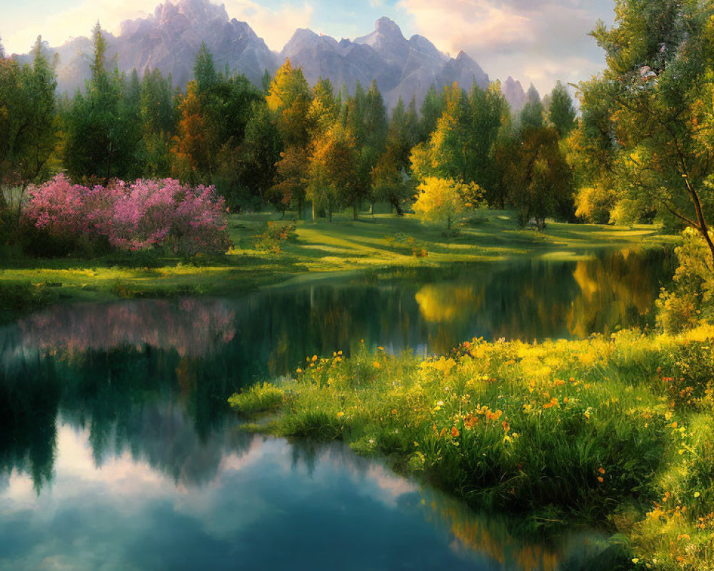 Tranquil autumn scenery with lake, trees, and mountains