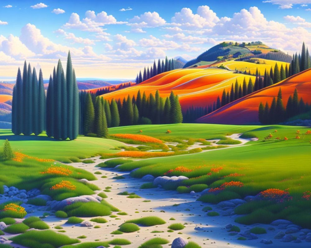 Colorful surreal landscape with rolling hills, stream, and wildflowers