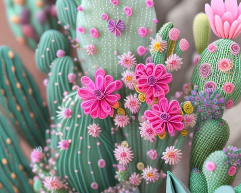 Colorful Handcrafted Paper Cacti and Succulents with Vibrant Flowers