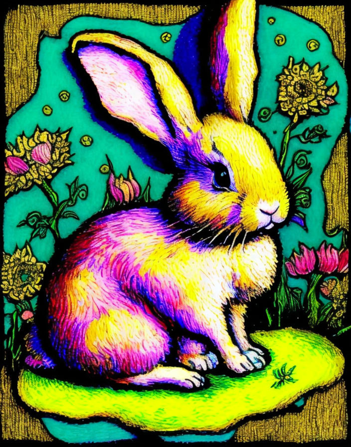 Colorful Rabbit Illustration with Pink and Yellow Hues on Green Surface Amid Flowers and Teal Background