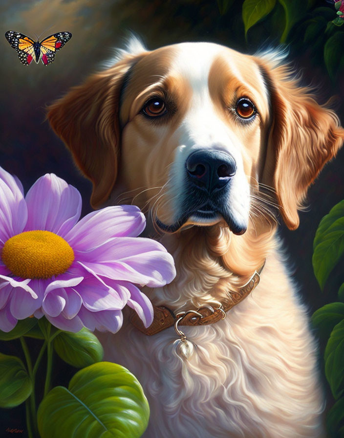 Realistic painting of golden and white dog with butterfly and daisy.
