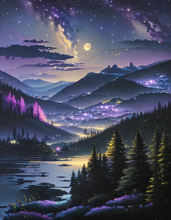Starry Night Landscape with Full Moon, Mountains, Lake, and Forests