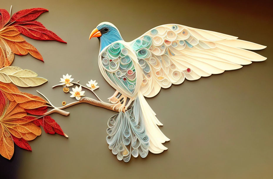 Vibrant paper quilling art of bird on branch with autumn leaves