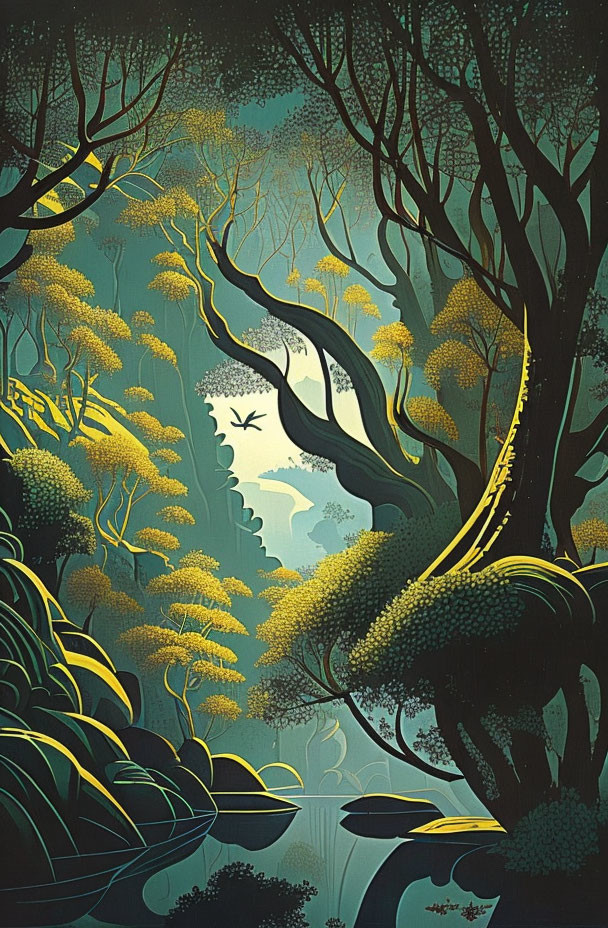 Stylized forest illustration with green and yellow trees, bird, and mystical ambiance.