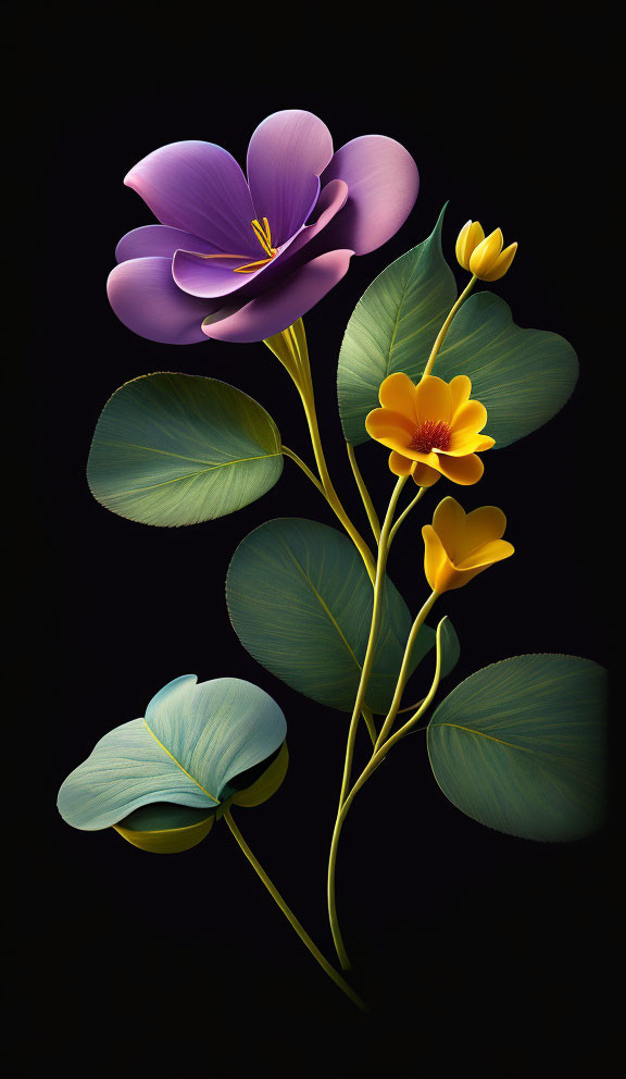 Stylized purple and yellow flowers with green leaves on black background
