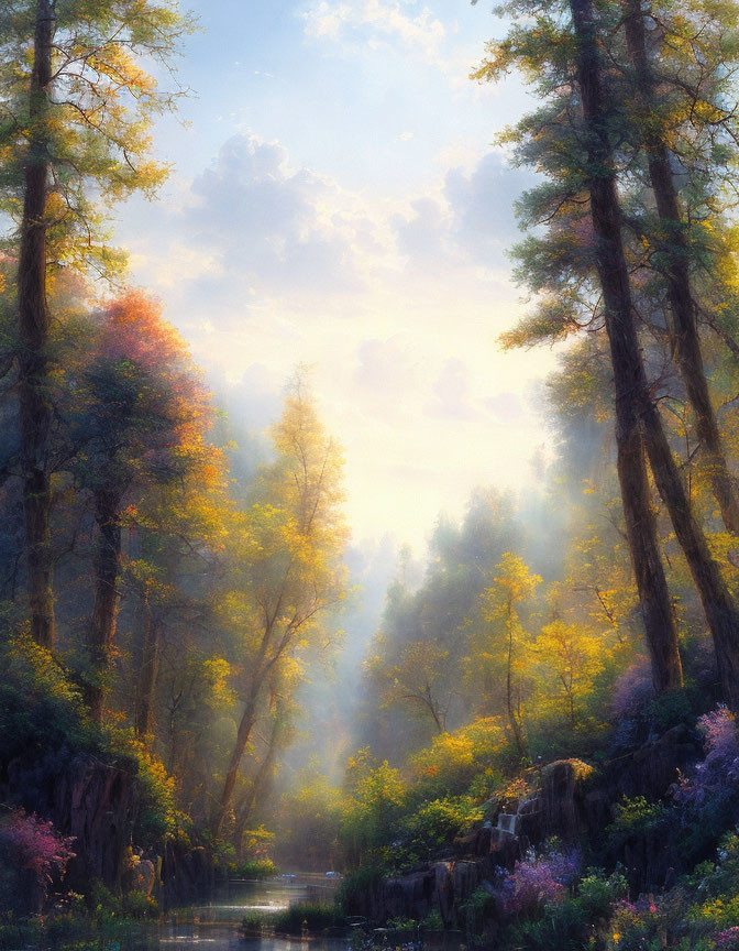 Tranquil forest scene with sunlight filtering through tall trees by serene river