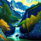 Scenic landscape painting of cascading waterfall in autumn forest
