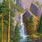 Scenic waterfall surrounded by cliffs and forest foliage