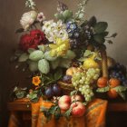 Colorful flowers and fruit in a classic vase on reflective surface