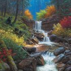 Tranquil forest stream with colorful trees and smooth rocks.