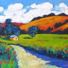 Colorful surreal landscape with rolling hills, stream, and wildflowers