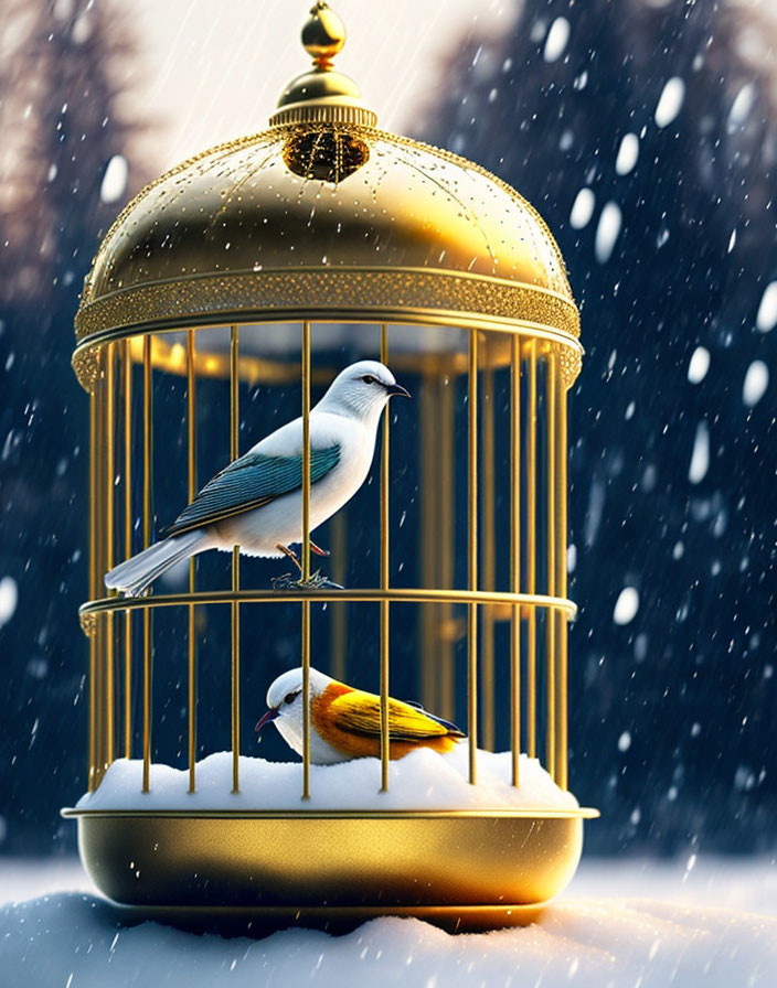 Golden cage with two birds in snowfall scenery