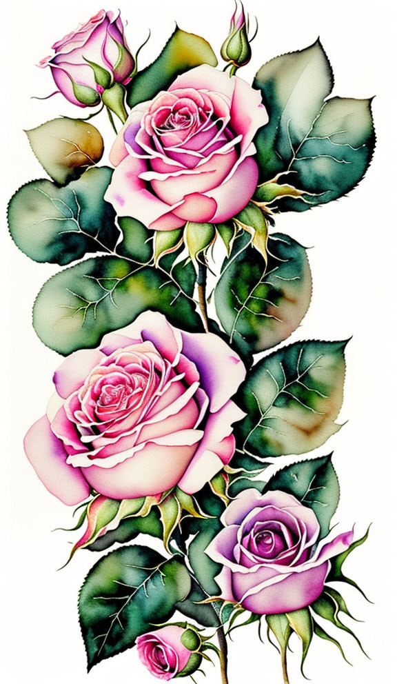Detailed Botanical Illustration of Pink and White Gradient Roses