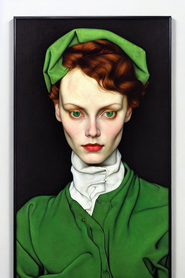 Portrait of Woman with Red Hair and Green Eyes in Green Attire on Black Background