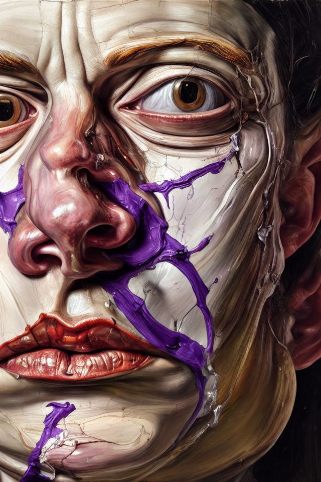 Surreal hyperrealistic painting of distorted face with dripping purple paint