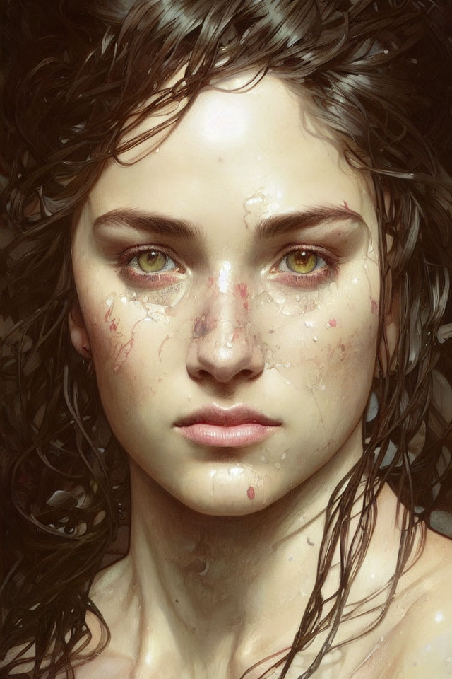 Portrait of young woman with wet curly hair and captivating amber eyes