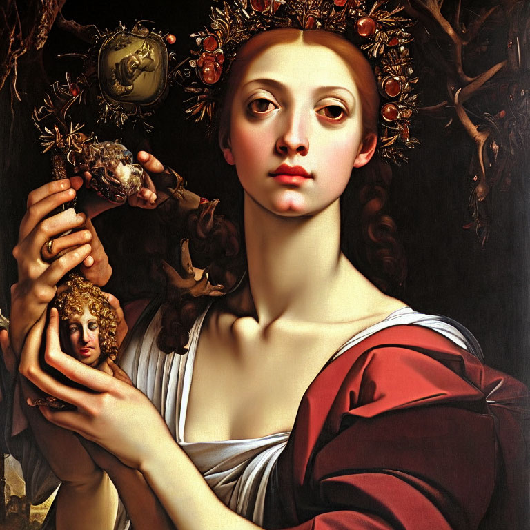 Serene woman with fruit garland holding sculpture on dark background