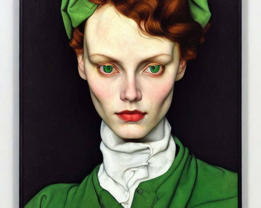 Portrait of Woman with Red Hair and Green Eyes in Green Attire on Black Background