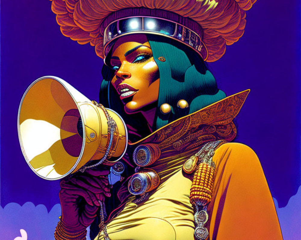 Colorful illustration: Woman with futuristic attire and megaphone on purple backdrop