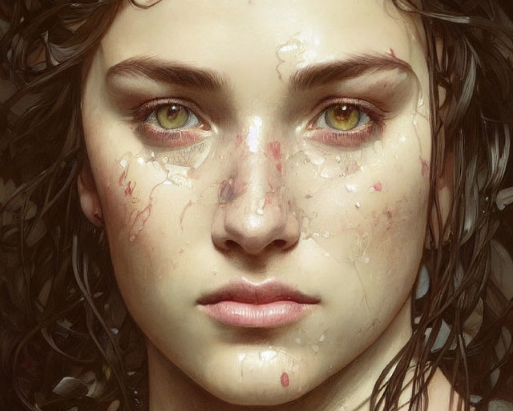 Portrait of young woman with wet curly hair and captivating amber eyes