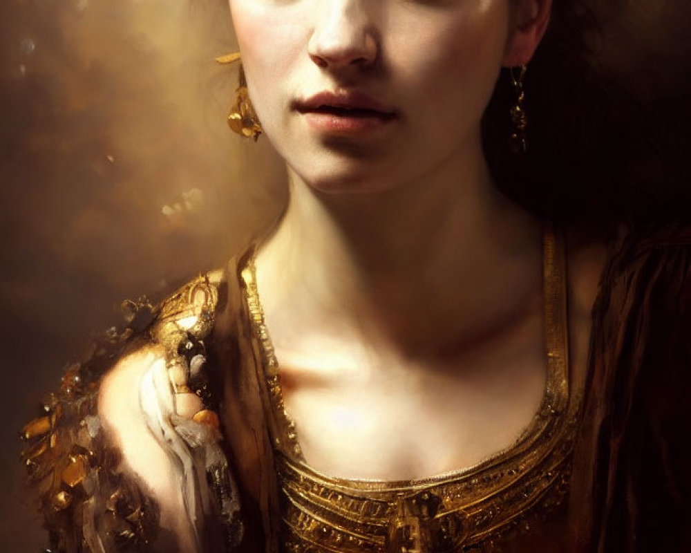 Portrait of a contemplative woman in golden earrings and intricate brown dress
