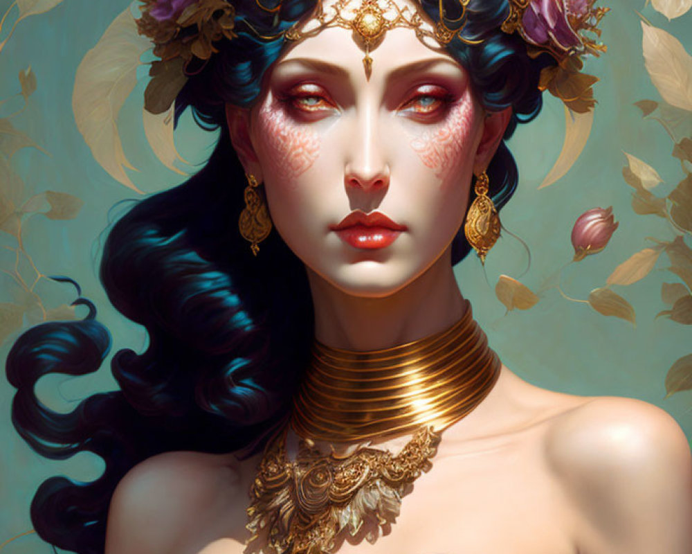 Fantasy portrait of woman with gold jewelry and floral headdress